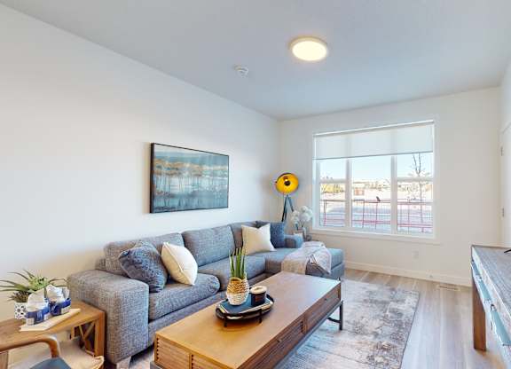 A living room with a grey couch, a wooden coffee table, and a flat screen TV.