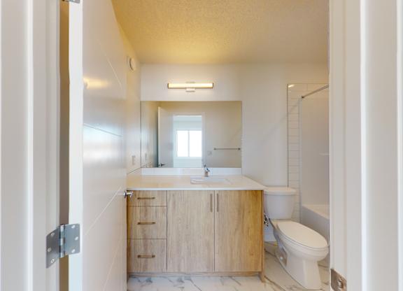 A bathroom with a toilet, sink, and mirror.