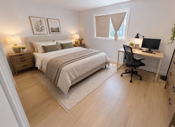 A bedroom with a bed, desk, and chair.