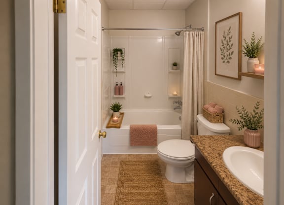 A bathroom with a toilet, sink, and shower.