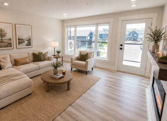 A living room with a white couch and a coffee table.