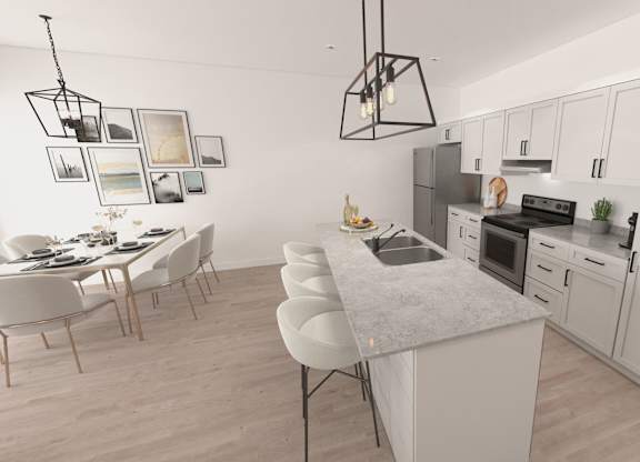 A modern kitchen with white cabinets and a central island.