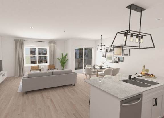 A modern living room with a grey sofa and a television.