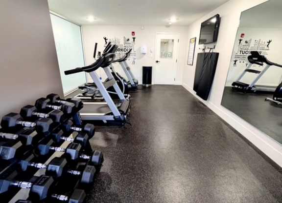 A gym with a row of dumbbells on the left and a mirror on the right.