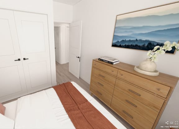 A bedroom with a bed, dresser, and painting on the wall.