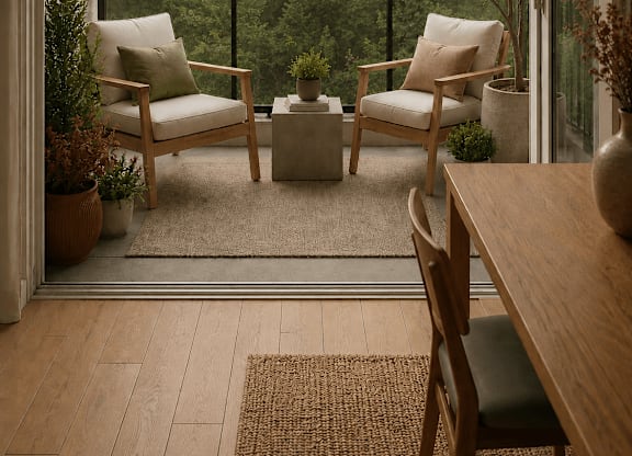 A balcony with a table and chairs overlooking a forest.
