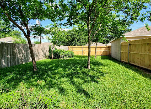 A backyard with a fence and trees.