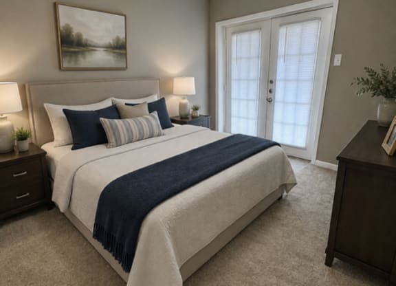 A bedroom with a large bed, two lamps, and a painting on the wall.