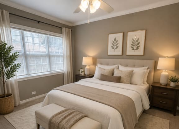 A bedroom with a large bed and a ceiling fan.