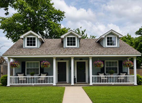 A house with a grey roof and white windows.
