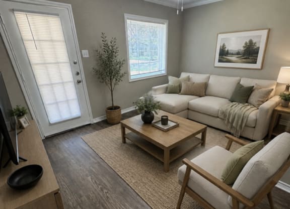 A living room with a couch, chair, and a ceiling fan.