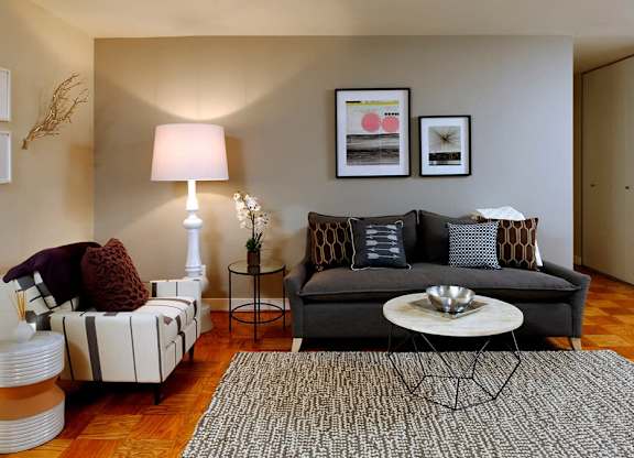A living room with a black couch, a white side table, and a grey rug.