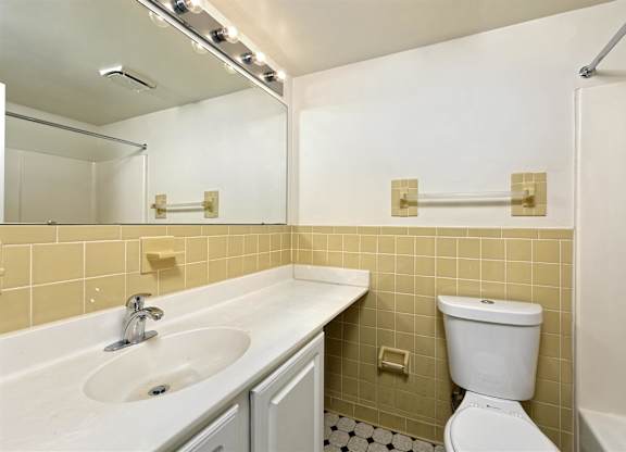 A white toilet sits next to a sink in a bathroom.