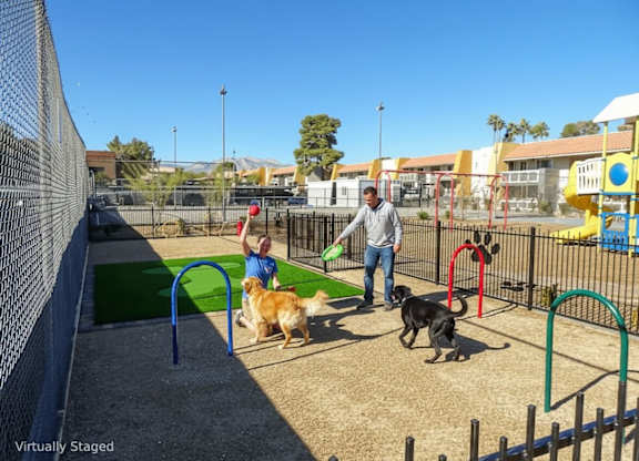A man is playing with two dogs in a play area.