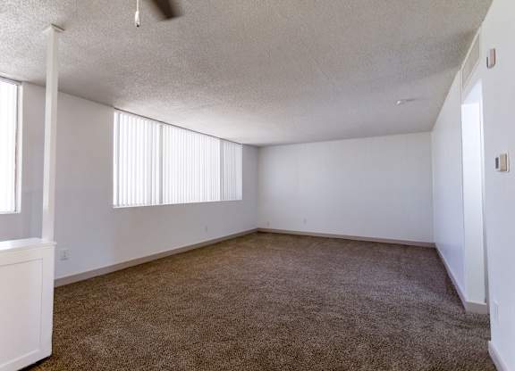 A room with a carpeted floor and a ceiling fan.