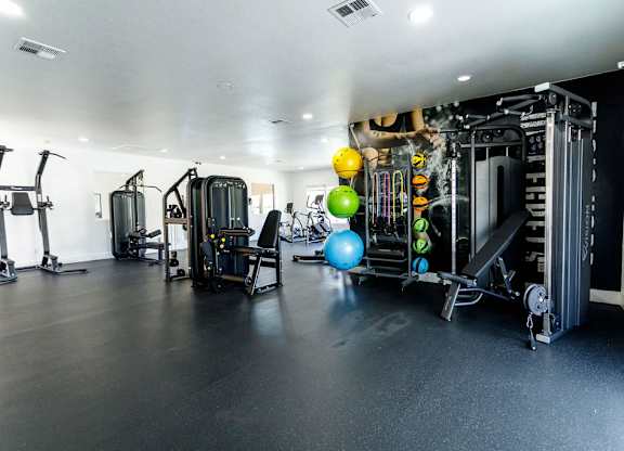 A gym with a variety of equipment including a leg press machine, a chest press machine, a squat rack, and a bench press.