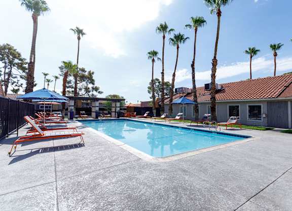 A pool surrounded by palm trees and lounge chairs.