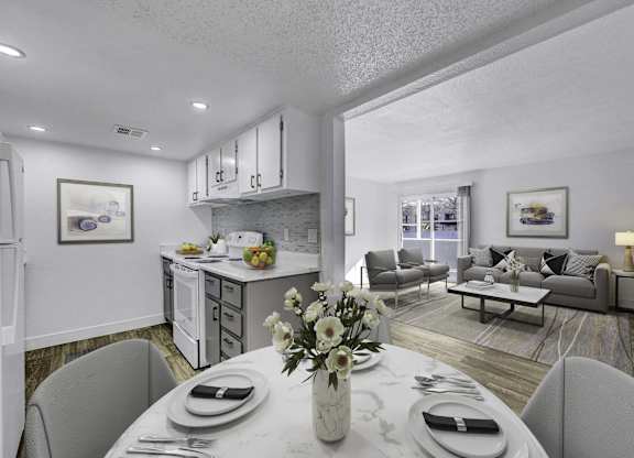 A modern dining room with a table set for two.