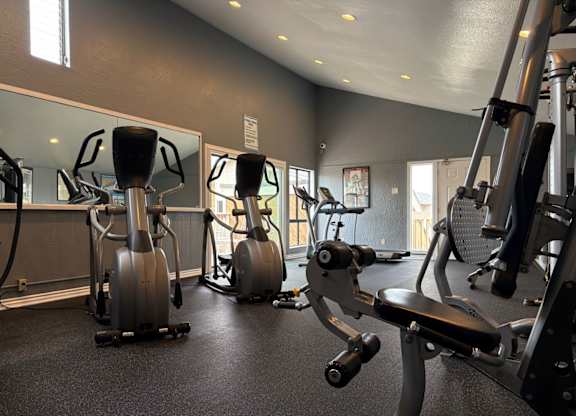 A gym with a row of exercise bikes and a row of weight machines.