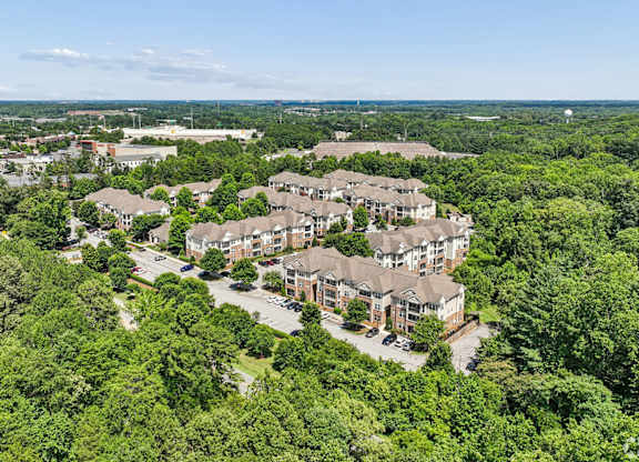 A bird's eye view of a residential area with houses surrounded by trees.