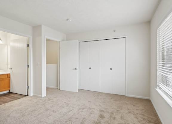 A room with white cupboards and a carpeted floor.
