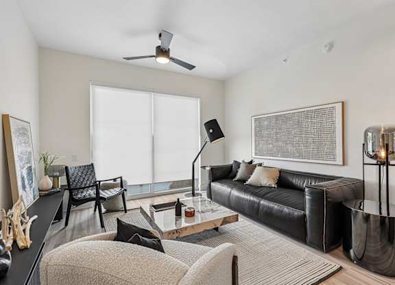 Stunning living room with hardwood-inspired flooring throughout