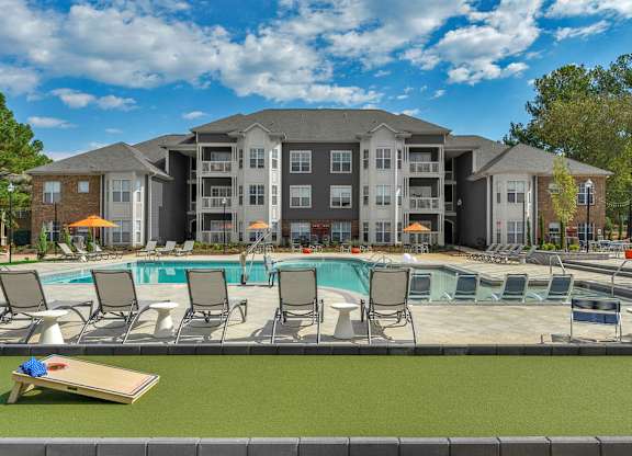 Saltwater pool and outdoor entertaining lounge with cornhole
