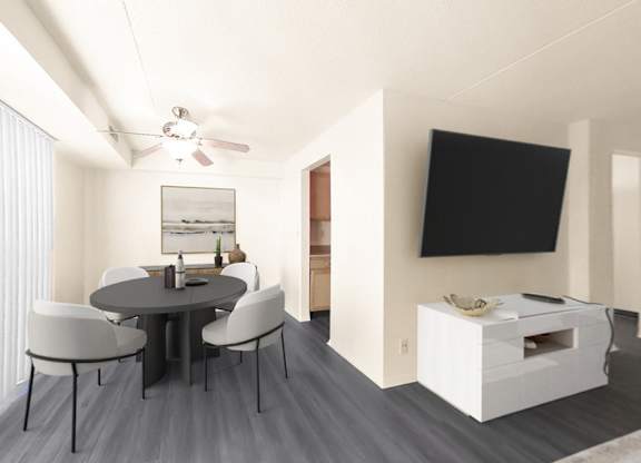 Dining rooms with overhead lighting and ceiling fan