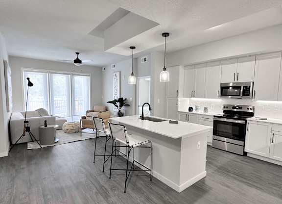 Large island and living room in model