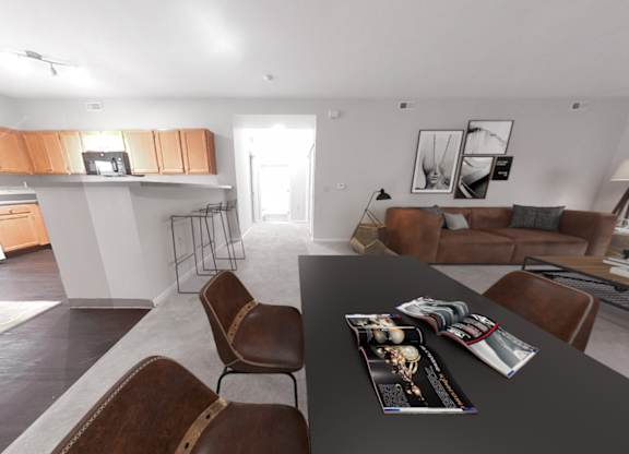 Spacious living room, dining room and kitchen