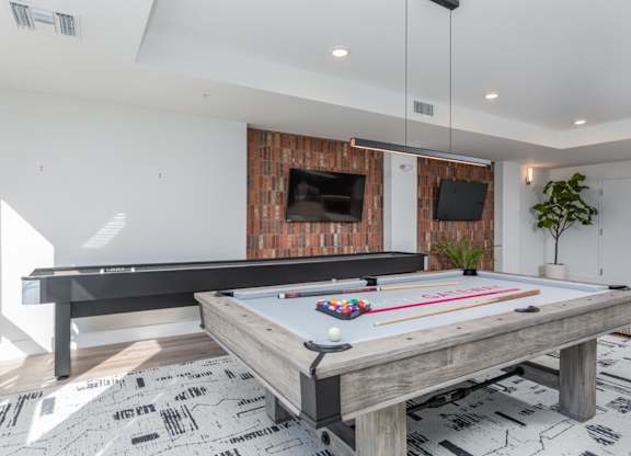 Gaming lounge with pool table and shuffle board