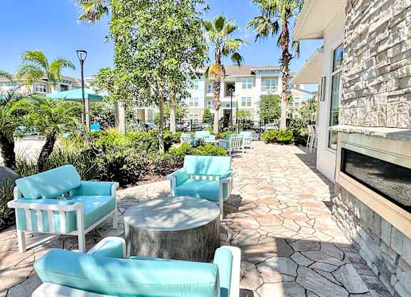 Outdoor lounge with fireplace