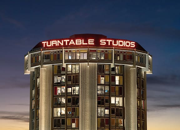 A tall building with the words