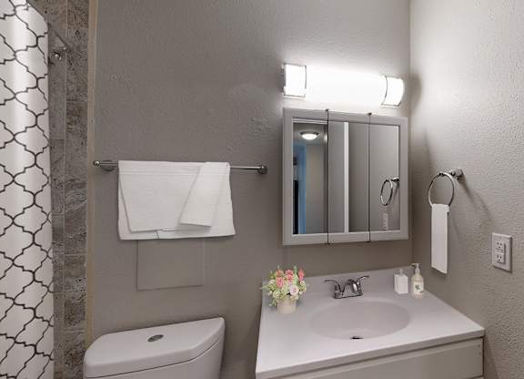 A bathroom with a toilet, sink, mirror, and towel.