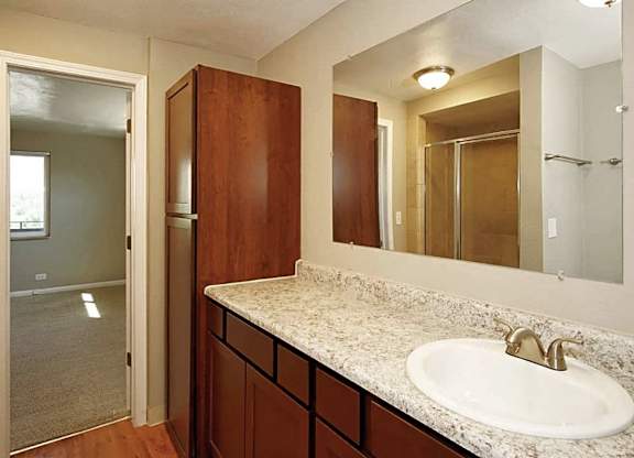 A bathroom with a sink, mirror, and wooden cabinets.