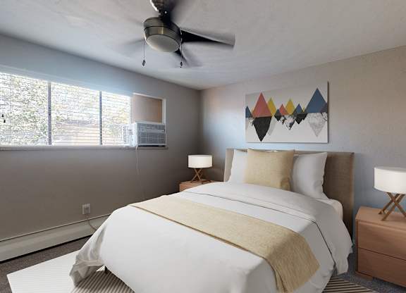 A bedroom with a bed, nightstand, and a ceiling fan.