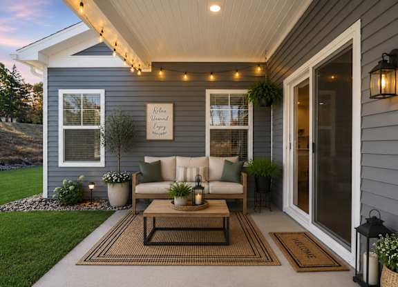 A patio with a couch, table, and plants.