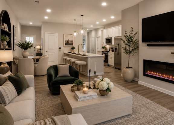 A modern living room with a fireplace and a flat screen TV mounted on the wall.