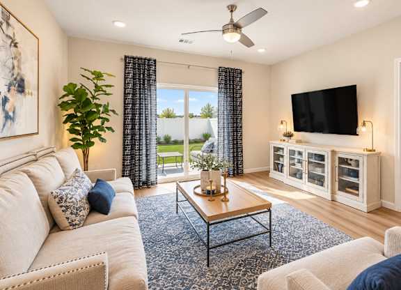 A living room with a white couch, a coffee table, and a flat screen TV mounted on the wall.