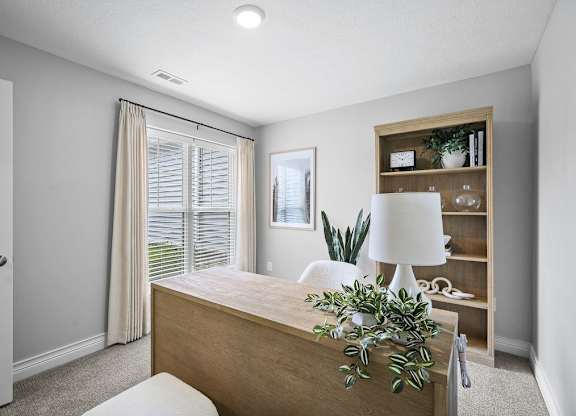 A bedroom with a bed, a lamp, and a plant.