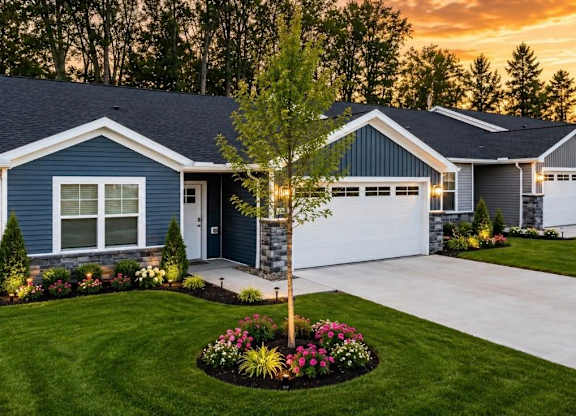 A blue house with a white garage door and a tree in the front yard.