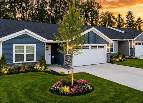 A blue house with a white garage door and a tree in the front yard.