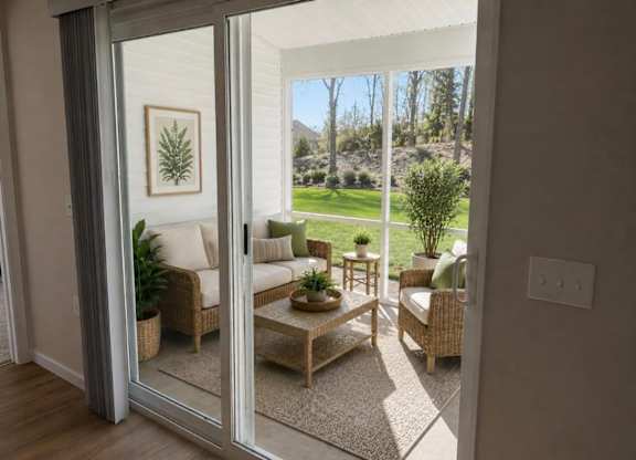 A living room with a view of a backyard through a sliding glass door.