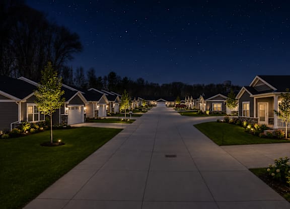A long, well-lit driveway leads the eye through a quiet, tree-lined residential street at night.