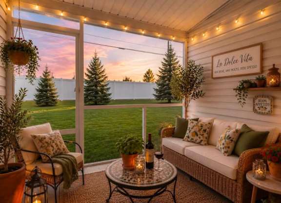 A cozy outdoor patio with a couch, table, and a view of the lawn and trees.
