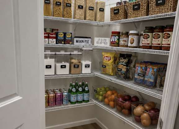 A pantry with a white door and shelves stocked with food.