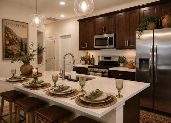 A kitchen with a white countertop and brown stools.