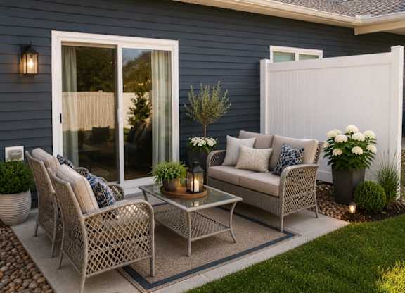 A patio with a table, chairs, and a couch with a white pillow and a plant.