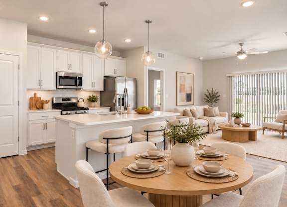 A modern kitchen with white cabinets and stainless steel appliances.
