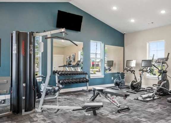 A well-equipped gym with a variety of exercise machines and weights.